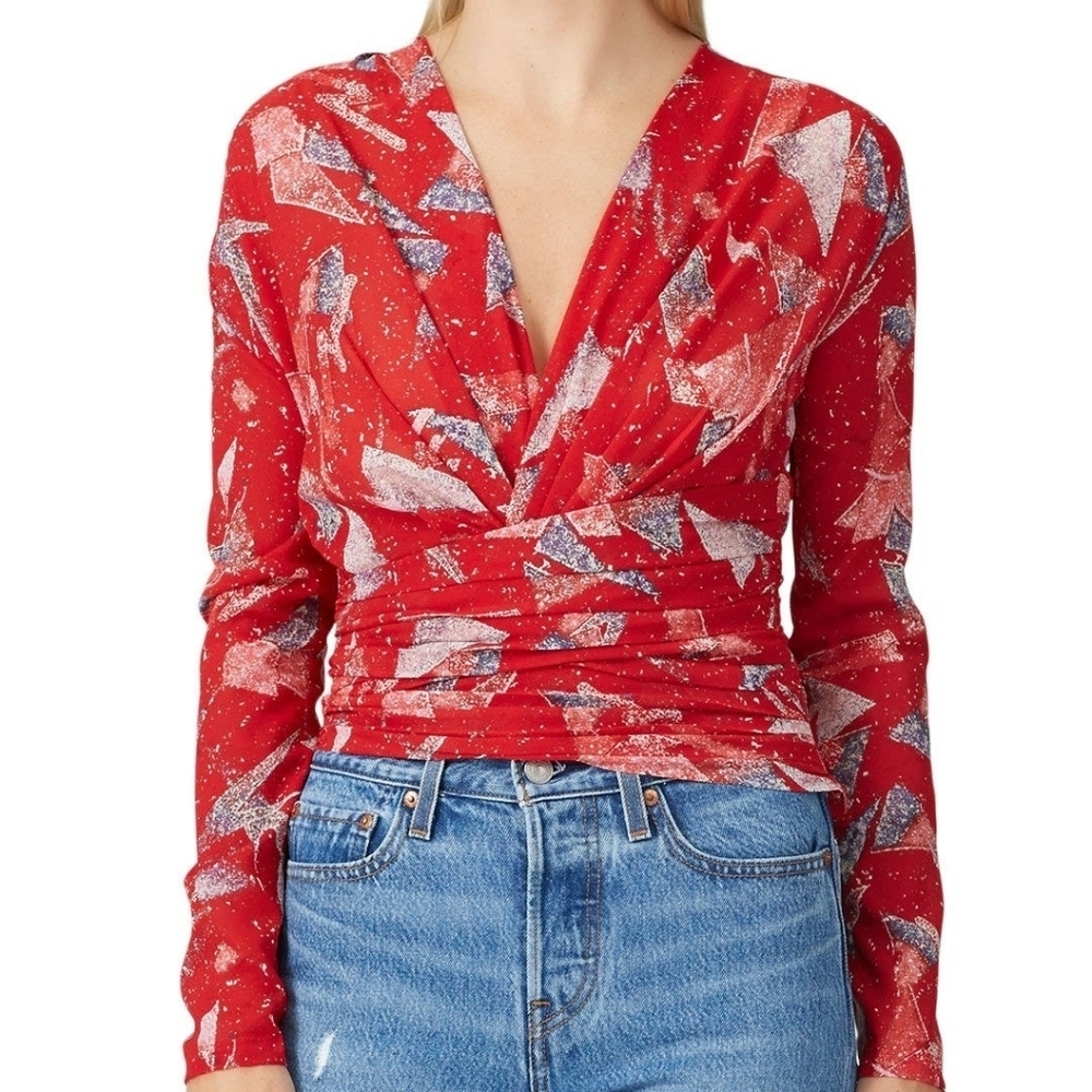 IRO Red Silk Geometric Print Pleated Gabota Blouse Top 6